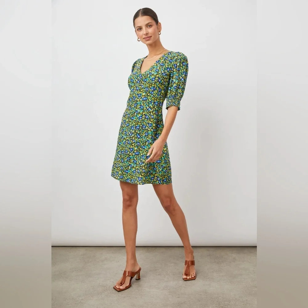 NWOT Rails Roma Mini Dress Abstract Garden Floral Green V-neck Puff Sleeves - Picture 2 of 13